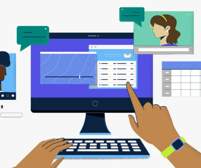 Illustration of remote collaboration with video conferencing, chat, and digital workspace on a computer screen.
