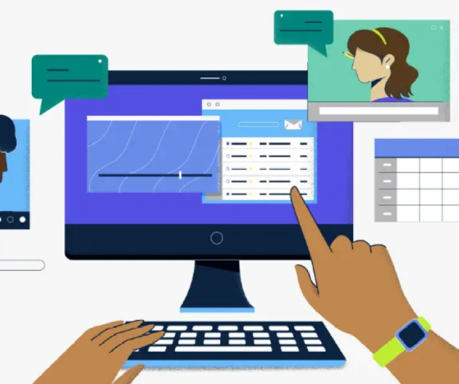 Illustration de collaboration à distance avec visioconférence, messagerie et espace de travail numérique sur un écran d’ordinateur.